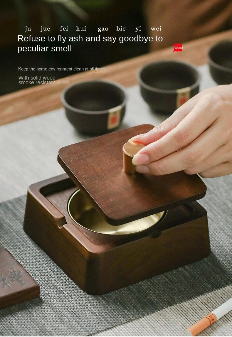 Description Picture 4 of itemSolid Wood Ashtray With Lid, Stainless Steel Inner Liner,Ash Trays For Office Living Room Use,Circular Square Home Decoration