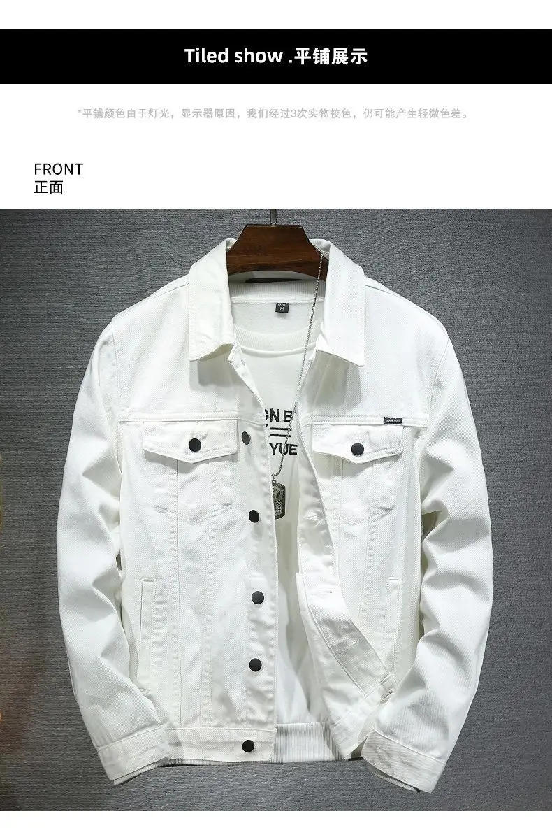 Description Picture 6 of item2024 Spring Men Solid Lapel Denim Jackets Fashion Motorcycle Jeans Jackets Hommes Slim Fit Cotton Casual Black White Coats