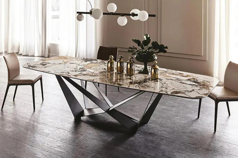 Description Picture 5 of itemDesigner Kitchen Table Nature Stone Texture Black Finish Iron Apartment Home Villa Furniture Modern Marble Table For Dining Room