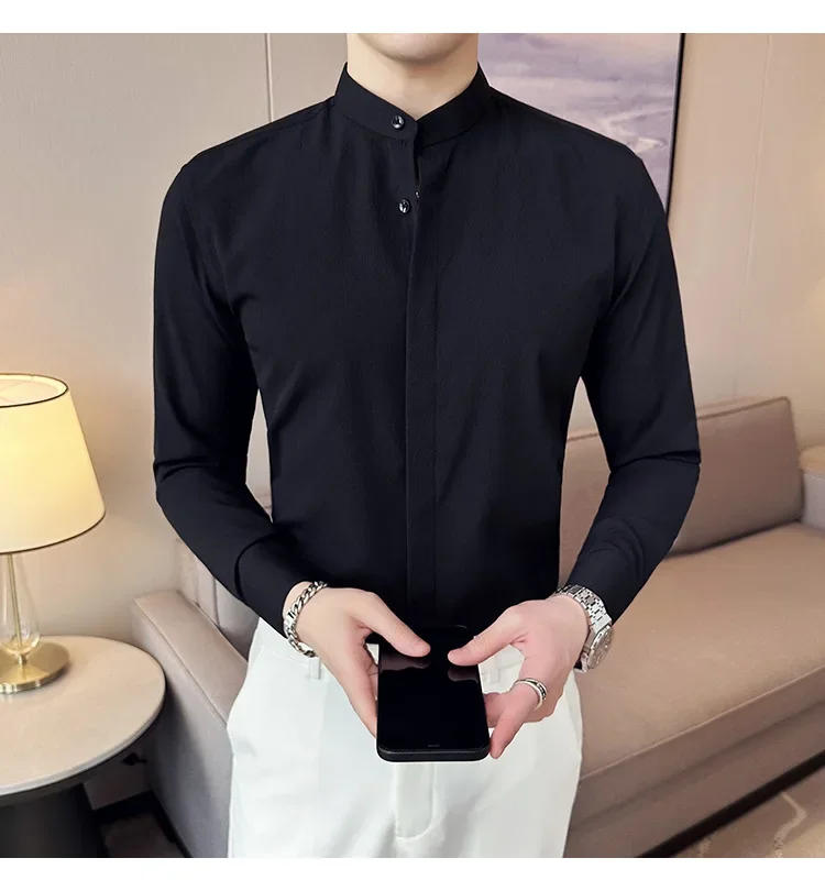 Description Picture 5 of itemBlack/White/Green Long Sleeve Formal Shirts For Men Clothing 2023 Stand Collar Business Casual Slim Fit Solid Tuxedo Blouses 4XL