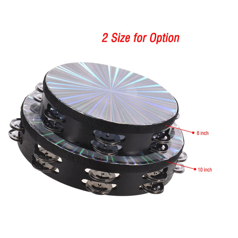 Description Picture 3 of item8/10 In Wooden Radiant Tambourine Handbell Hand Drum with Double Row Jingles Reflective Drum Head Musical Percussion Instrument