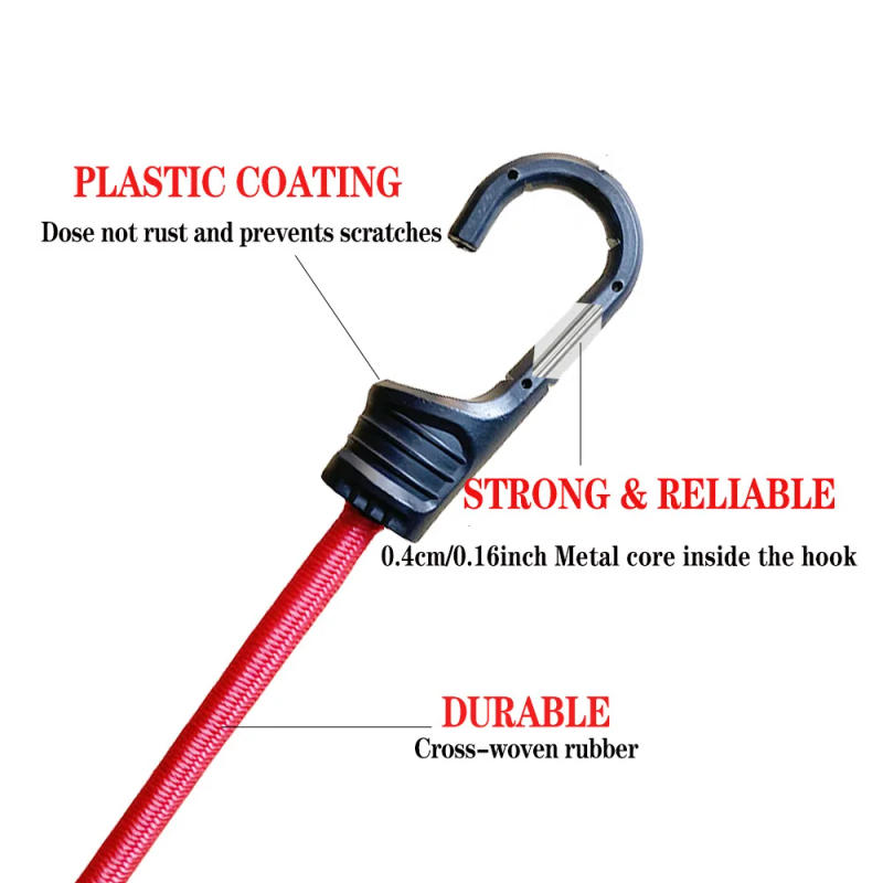 Description Picture 2 of item2/4Pcs 39.3Inch Red Elastic Bungee Cords Plastic Coated Metal Hooks Bungee Straps Heavy Duty Bungee Ropes for Bike Tents Camping