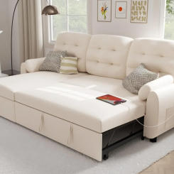Sectional Sofa Couch 87" Sleeper Sofa Bed with Reversible Storage Chaise Pull Out Couch for Living Room Side Pocket