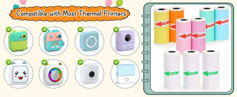 Description Picture 2 of itemMini Printer Sticker Paper, Thermal Paper Rolls For T02/M02 and Mini Printer, Smooth Color Self-Adhesive Paper 25X57mm Paperang