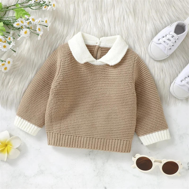 Description Picture 5 of itemBaby Knit Sweaters Long Sleeve Lapel Collar Contrast Color Pullover Infant Fall Tops
