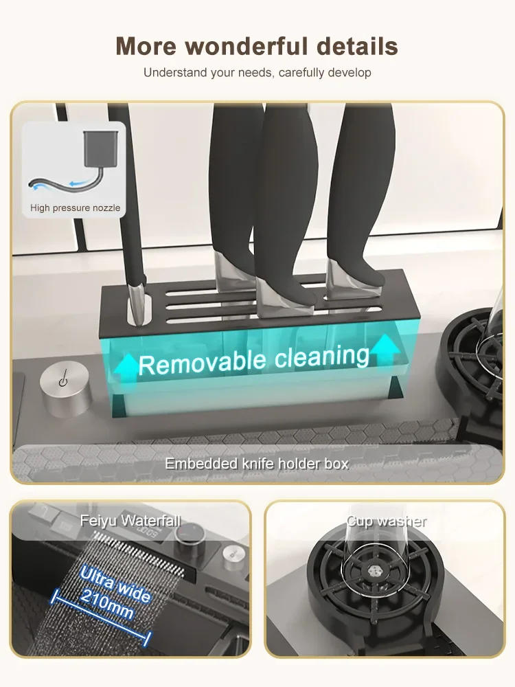 Description Picture 5 of itemDigital Display Waterfall Sink 304 Stainless Steel Kitchen Sink Embossed Washbasin With Waterfall Faucet For Kitchen Renovation