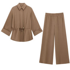 PB&ZA 2025 Women's Camel Collared Drawstring - Waist Blouse and Wide - leg Elastic - Waist Pants Set for Sale on AliExpress