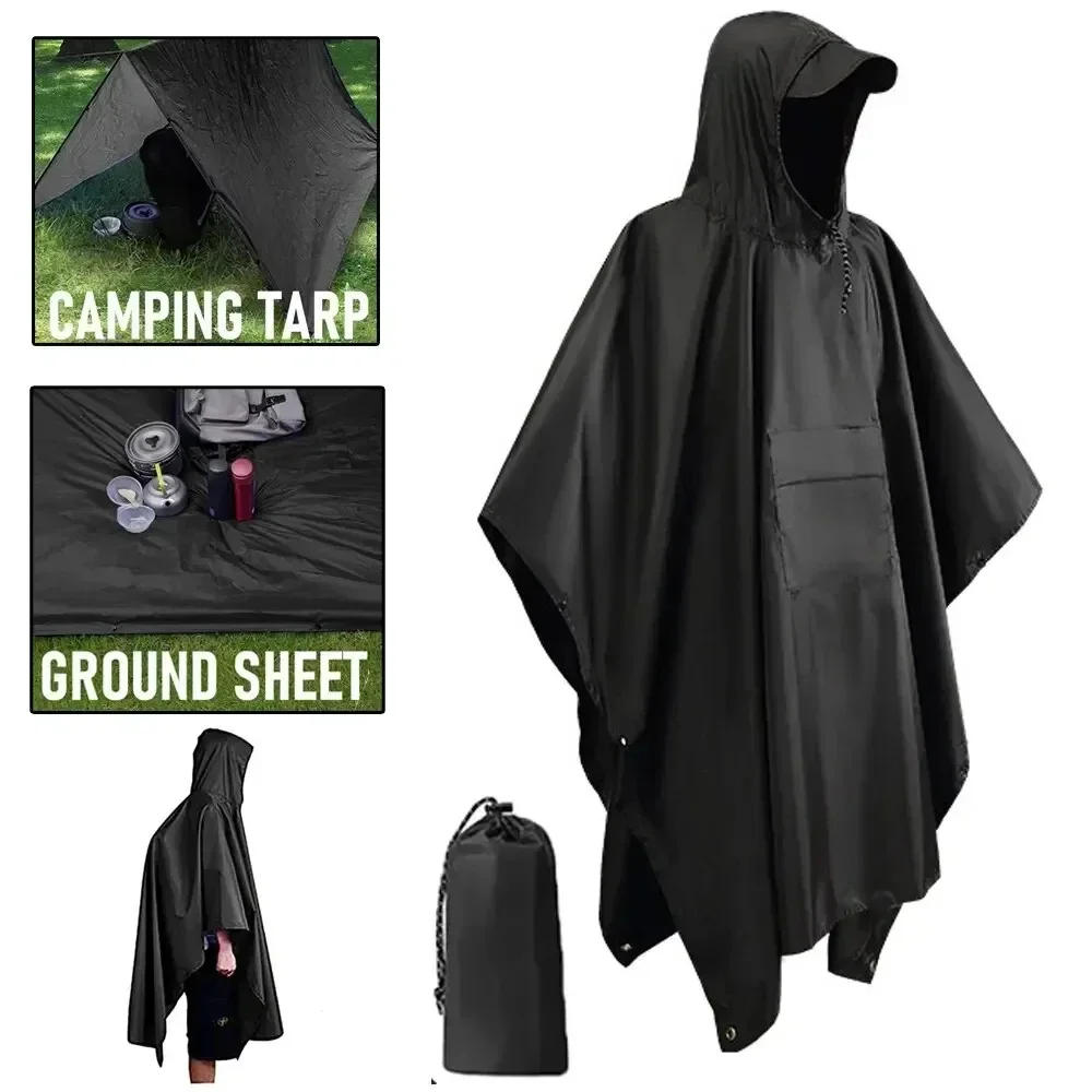 Description Picture 4 of item3 In 1 Outdoor Military Raincoat Hooded Sleeve Waterproof Rain Poncho Motorcycle Rain Cover Camping Hiking Travel Rainwear Tent