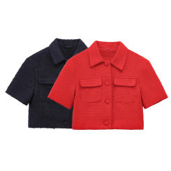 TRAFSHE Spring New Women's Short Sleeve Tweed Jacket Leisure style Turn Down Collar Single Breasted Pockets Crop Blazer