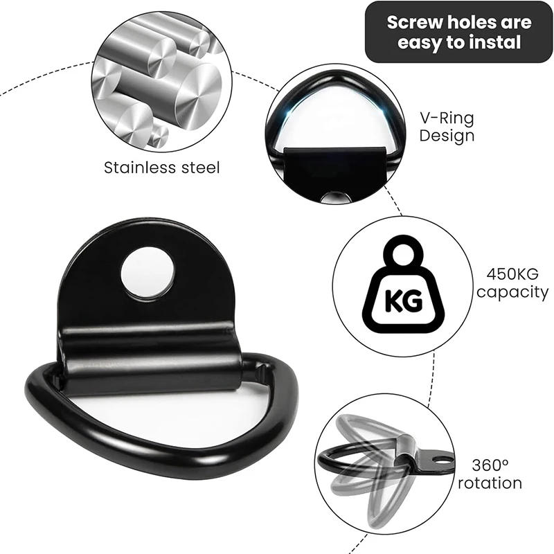 Description Picture 6 of item5/20PCS D Shape Pull Hook Tie Down Anchor Ring Iron Stainless Steel Cargo Tie Down Ring for Truck Trailers RV Boats Accessories