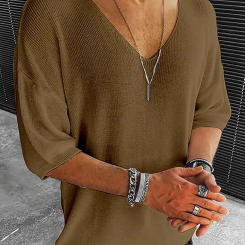 V-Neck Daily Style Knit Pullovers, Men Spring Summer Short Sleeve Fashion Loungewear Tops, Solid Patchwork Simple Male Sweaters