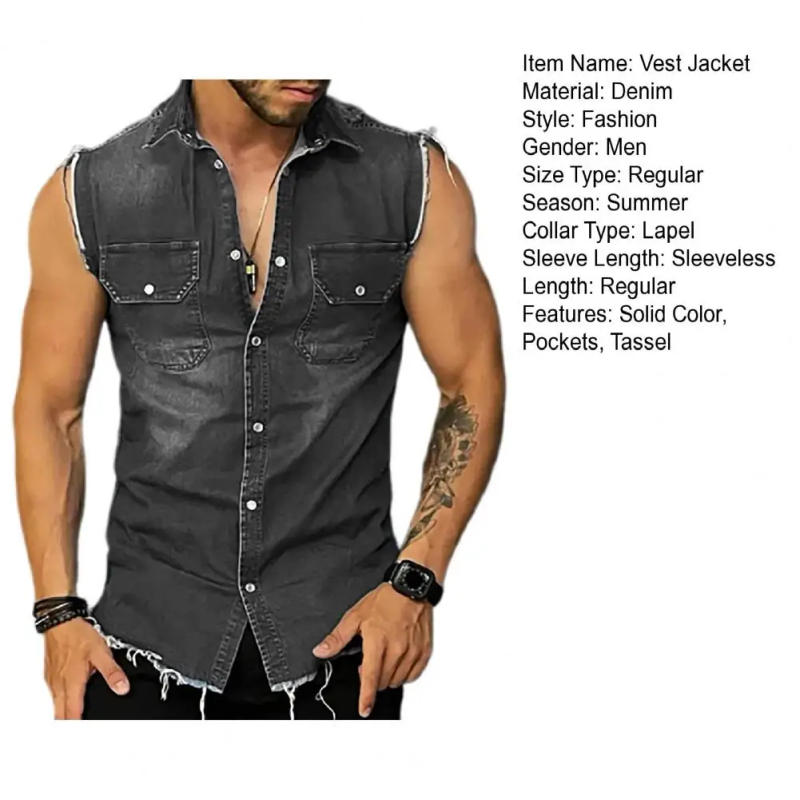 Description Picture 4 of itemFashion Men Summer Solid Color Denim Shirts Single-Breasted Design Pocket Decor Turn-down Collar Sleeveless Slim Cardigan Top