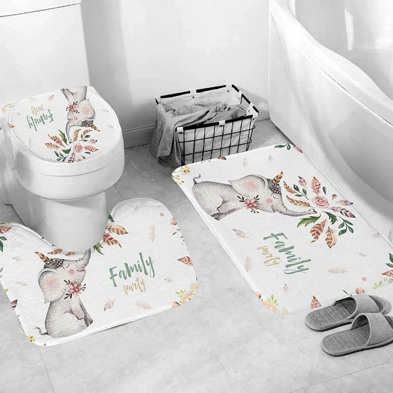Description Picture 6 of itemJFBL Hot 4Pcs Home Bathroom Decor Set Cool White Background Flower Elephant Pattern Toilet Seat Cover Bath Mat Set Waterproof Sh