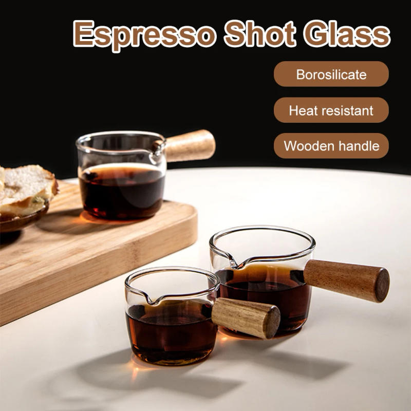 Description Picture 4 of item50ml / 100ml Espresso Shot Glass Wooden Handle Single Spout Coffee Measuring Cup Borosilicate Glass for Wine Milk Coffee Tea Jug