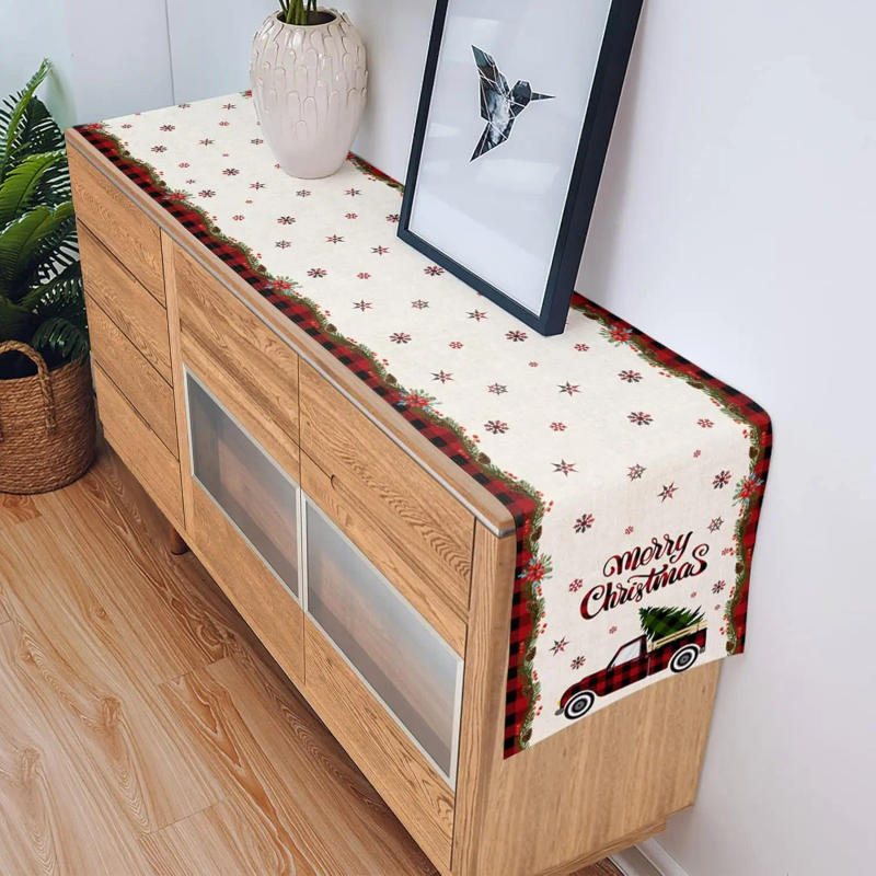Description Picture 5 of itemChristmas Red Plaid Truck Linen Table Runner Dresser Scarf Decor Reusable Kitchen Dining Table Runner Christmas Decorations 2025