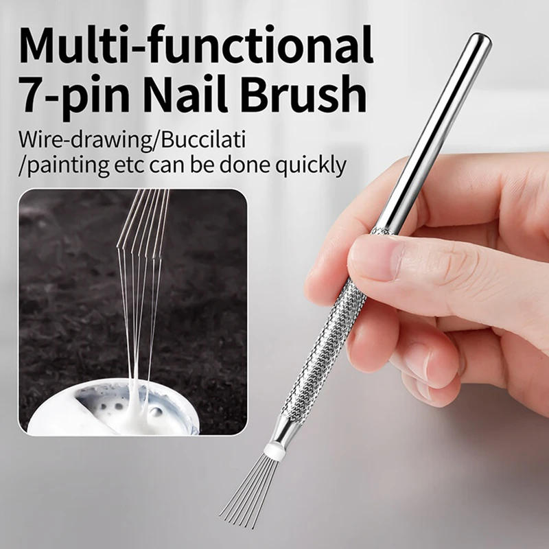 Description Picture 2 of item3/1pcs 7 Pin Stripe Steel Nail Art Liner Brushes Ultra-thin Line Drawing Pen Multi Head UV Gel Brush Nail 3D Tips Painting Tools