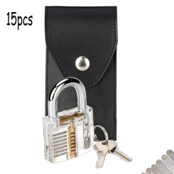 15pcs Classical Lockpick Set with Transparent Lock for Practice,Stainless Steel Tools and Lock Set