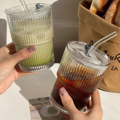 1PCS 400ml Stripe Glass Cup Transparent Glasses With Lid and Straw Ice Coffee Mug Tea Cup Juice Glass Milk Water Cup Drinkware