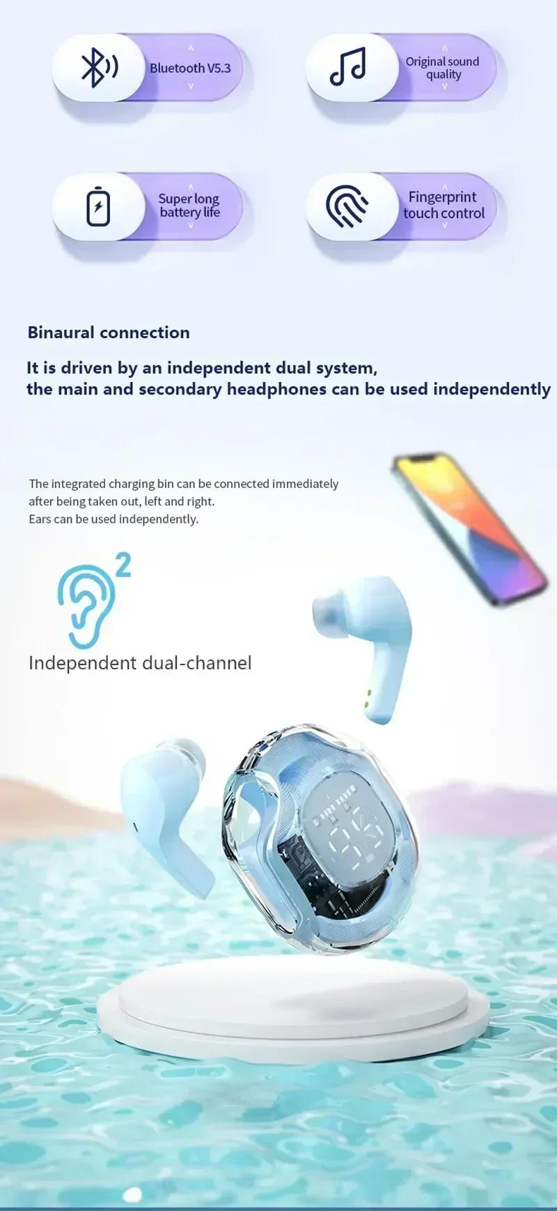 Description Picture 3 of itemT8 Wireless Bluetooth Headset Wireless Bluetooth Headphones LED Power Digital Display Stereo Sound Wireless Earphones for Xiaomi