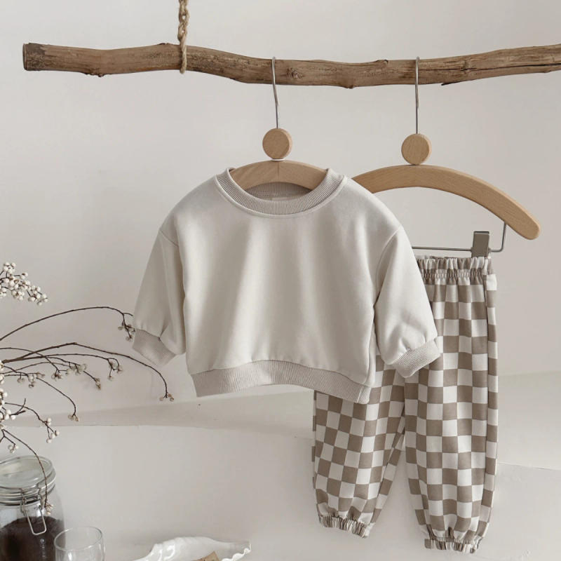 Description Picture 5 of itemAutumn Fashion Casual Outfit Solid Color Long Sleeves Chessboard Pattern Pants Korean Style Newborn Baby Boys Girls Clothes
