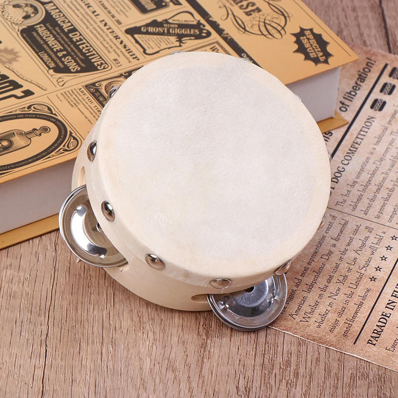 Description Picture 5 of item4 Inch Hand Held Tambourine With Metal Single Row Jingles Sheepskin Drum Skin Wooden Tambourines Entertainment Musical Toy