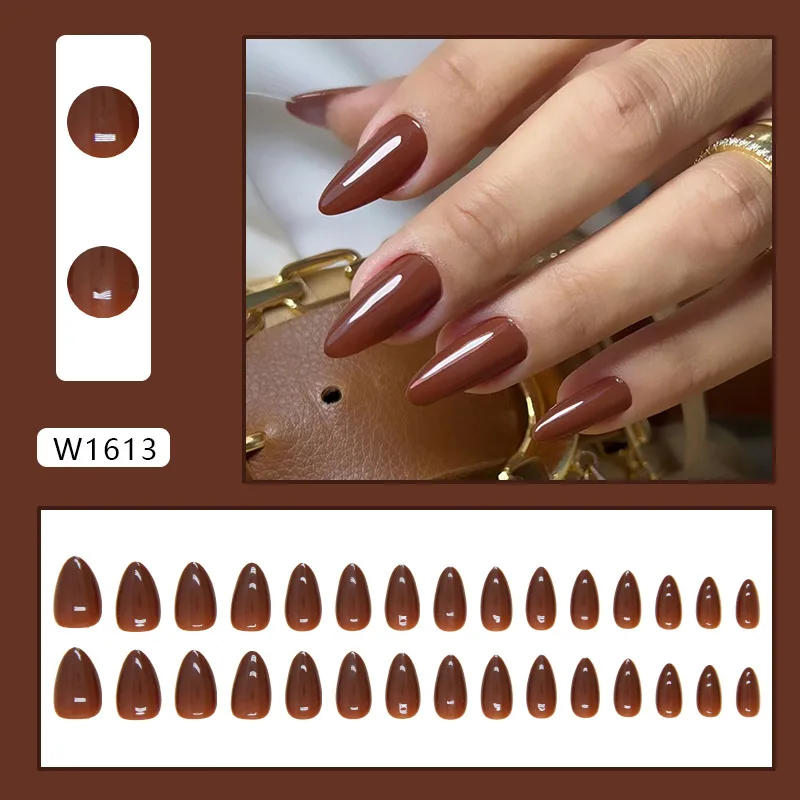 Description Picture 5 of itemSimple Red Brown 24 Pcs Press on Nails Pink Gradient Fake Nails Glossy Artificial Finger Manicure Reusable False Nails for Women