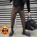 Autumn and Winter New Male Coffee Black Plush Warm Casual Pants/Men's Matching Corduroy Slim Fit Small Feet Retro Elastic Pants