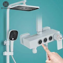 White Thermostatic Shower Faucet Fixed Temperature 3 Way Key Rainfall System Bathtub Tap With Big Showerhead Bathroom Shelf