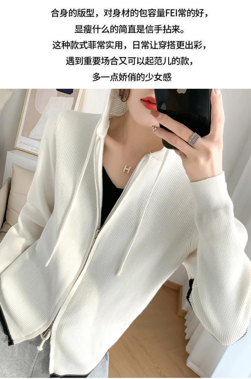 Description Picture 4 of itemWomen Cashmere Hooded Double Zip Cardigan Sweater Cardigan TB 2022 Knitted Spring Autumn New Fashion Top