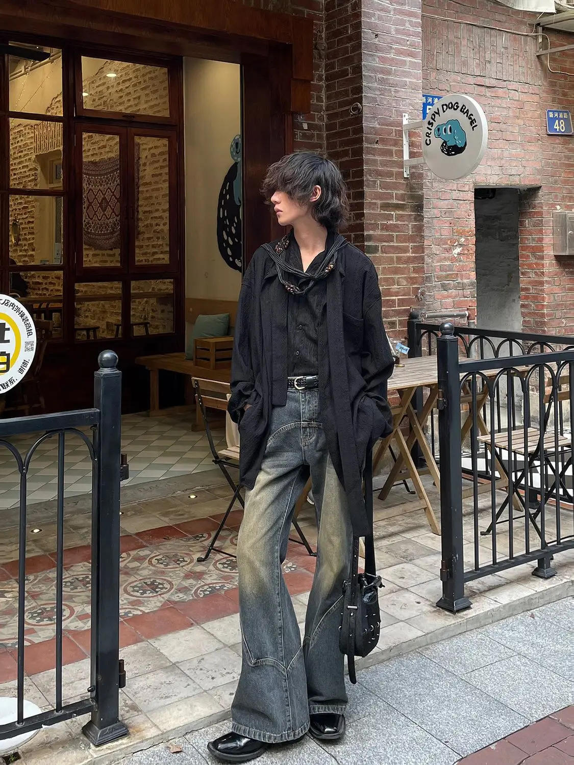 Description Picture 3 of itemAmerican Street Men and Women Trendy Retro Straight Leg Wide Leg Casual Pants Autumn Micro Flare Ragged Edge Washed Jeans y2k