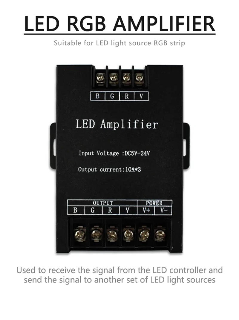 Description Picture 2 of item30A RGB Amplifier 5V 12V 24V High-Power Lamp Constant Voltage PWM Dimmer Signal Repeater LED Light 3-Channel Controller Extender