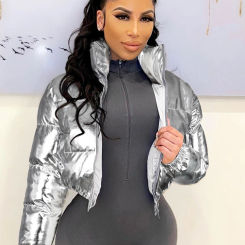 Metallic Silvery Shiny Puffer Parka Cropped Jacket Women Long Sleeve Stand Collar Zip Up Winter Warm Coat Street Outerwear New