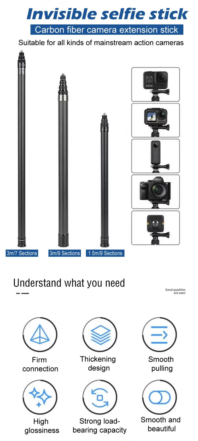 Description Picture 2 of itemHONGDAK 3m Carbon Fiber Scalable Monopod  Extended Edition Invisible Selfie Stick for Insta360 X3 X2 For Go Pro Stick Tripod