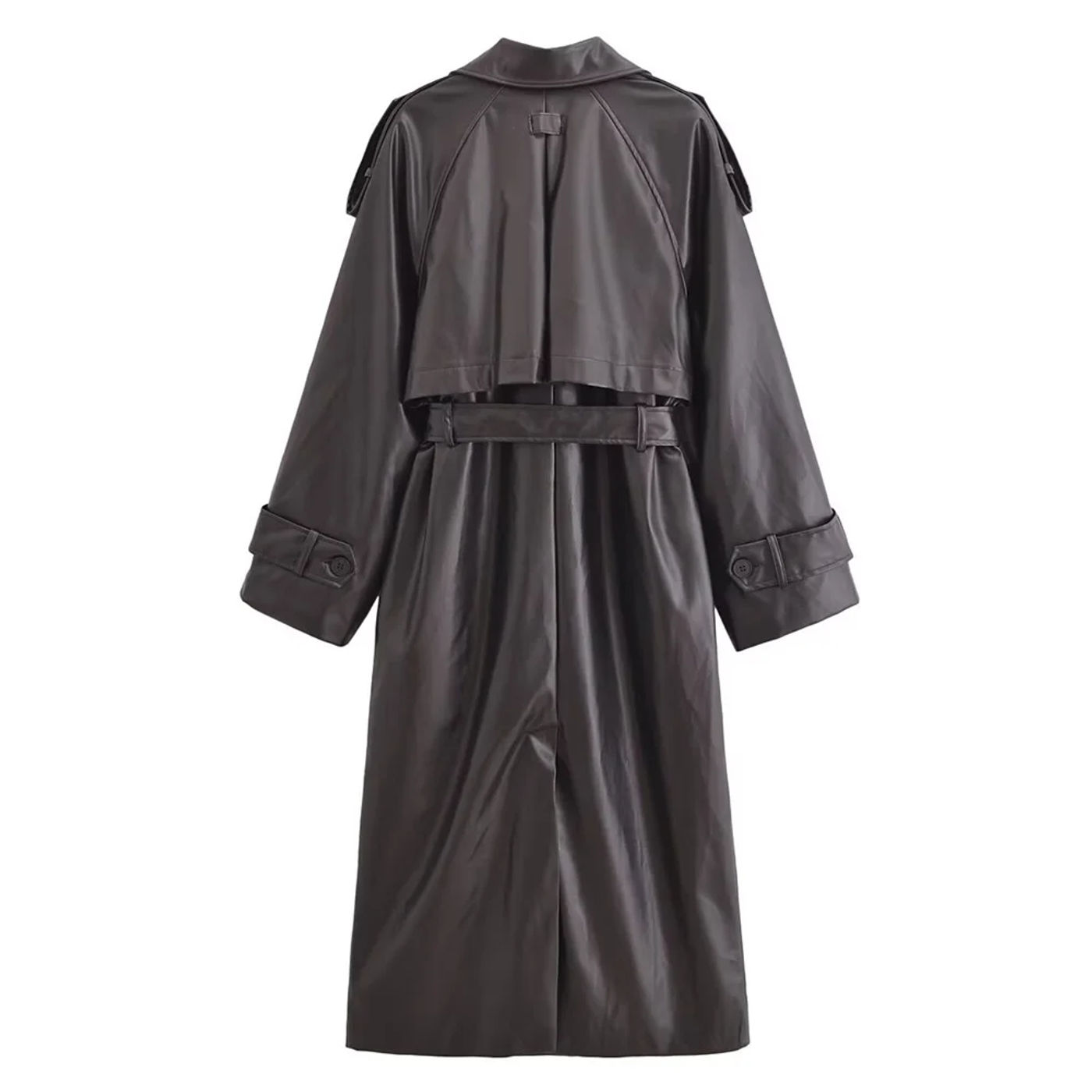 Description Picture 5 of item2024 RARF autumn new European and American style commuting lapel with belt faux leather loose long windbreaker jacket