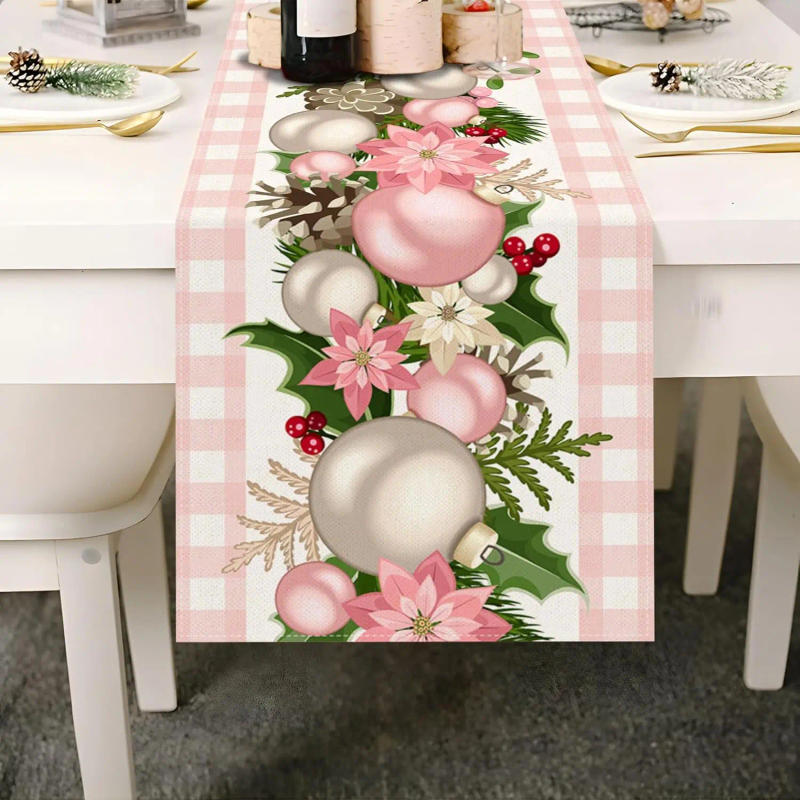 Description Picture 3 of itemChristmas Poinsettia Pink White Buffalo Plaid Linen Table Runner Winter Xmas Holiday Wedding Party Decor Navidad Decoration 2025
