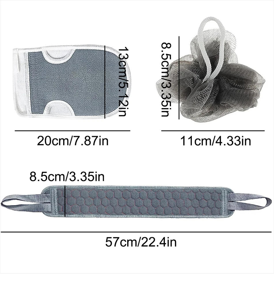 Description Picture 3 of item3pcs/set Exfoliating Body Scrubber Set Bath Glove and Shower Bath Sponge Loofah Exfoliator Massager Dead Skin Removal Bath Tool