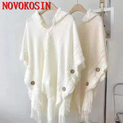 Women Button Loose Shawl Cape Poncho Spring Autumn Knitted Sweater Tassel Long Out Street Wear Pullover Knitwear With Hat