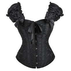 Women Sexy Corset Ruffled Sleeves Overbust Bustier Body Shapewear Embroidered Floral Lace-Up Corset Top Black White