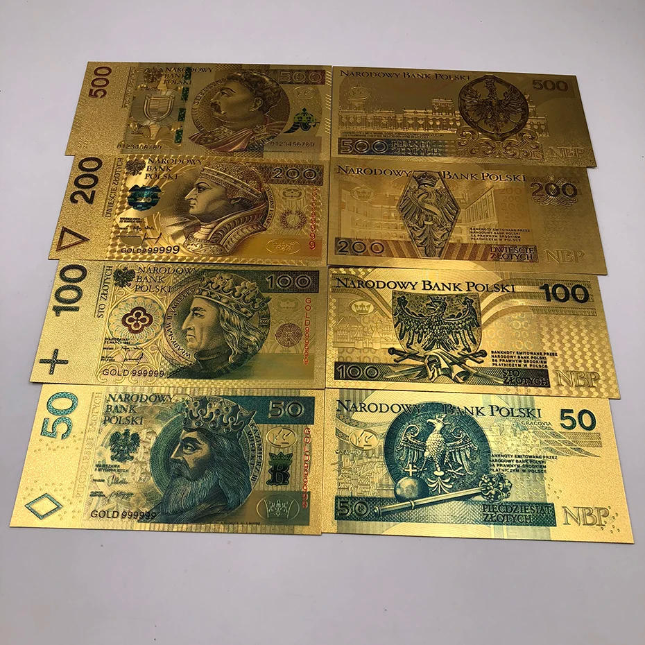 Description Picture 2 of itemWholesale 8 Designs Colored Gold Foil Polish Banknote Set 50 100 200 500 PLN for Partriotism Poland Crafts Collection