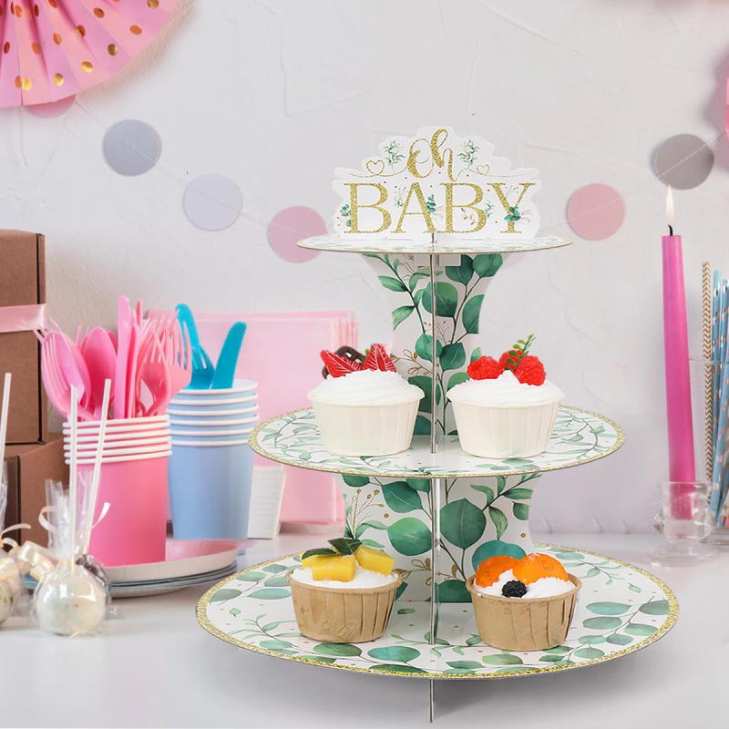 Description Picture 3 of itemGolden Edged Green Leaf Paper Cake Stand Birthday Party Decoration Kids Baby Shower Reveals Gender Party Supplies Cake Decor