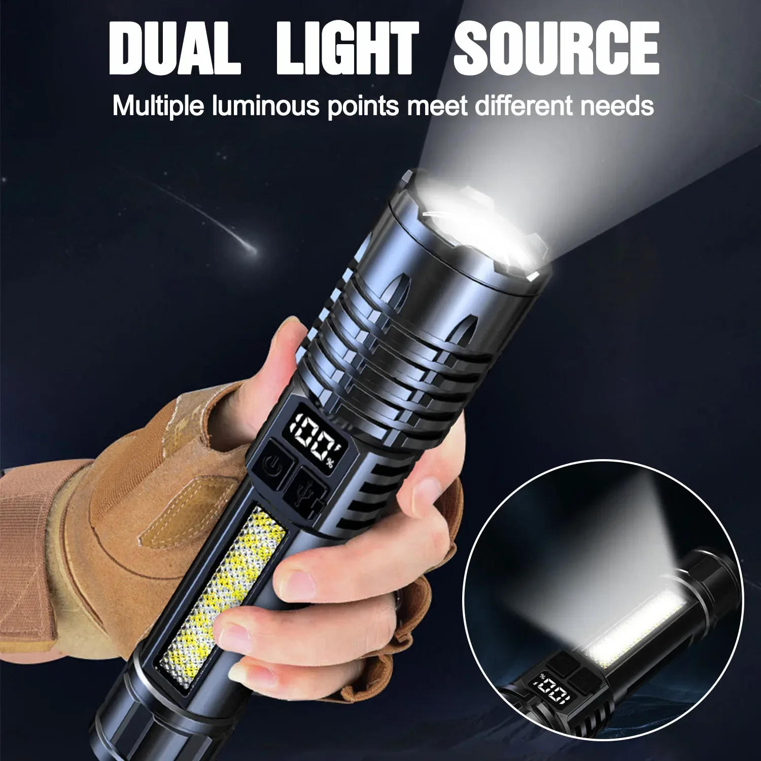 Description Picture 5 of itemHigh Lumen LED Flashlight 5 Modes Rechargeable Flashlights Built-in Battery Powered Torch with COB Side Lights