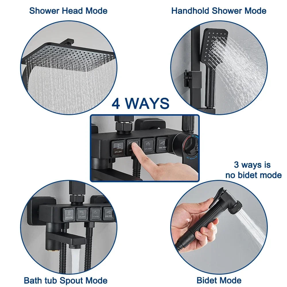 Description Picture 3 of itemBathroom Thermostatic Shower Faucet Set Wall Mounted Chrome Black Rainwater System Mixer Bathtub Bidet Crane