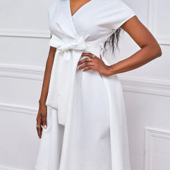 Women's Elegant Dress Solid Color V-neck Short Sleeved Pleated Bow Evening Dresses Summer Loose Casual New Women Clothing