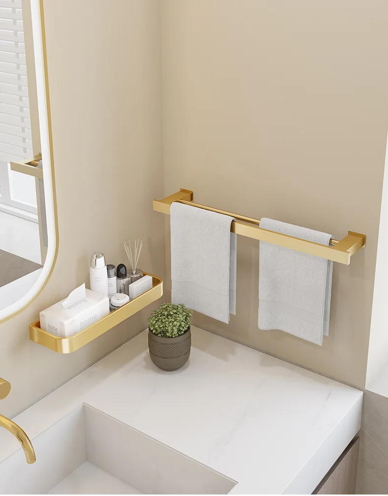 Description Picture 4 of itemBathroom Accessories Perforation-free Metal Bath Towel Holder Deluxe Bathroom Square Towel Holder Aluminum Alloy Wall Shelving