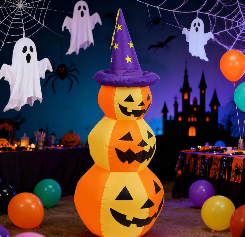 Description Picture 2 of item5FT Halloween Inflatable Stacked Pumpkins Decorations with Witch Hat, Halloween Blow Up Inflatable Pumpkin Decor Built-in LED