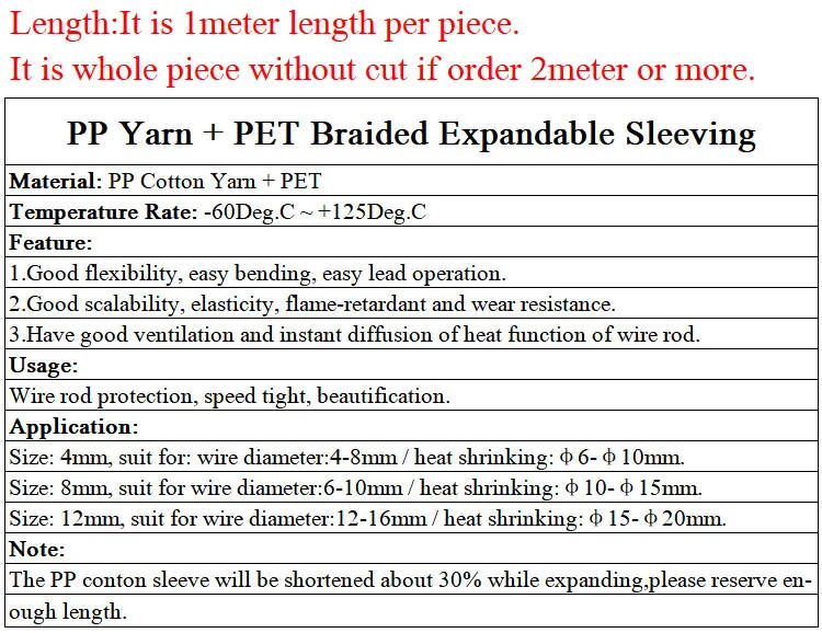 Description Picture 2 of item1/5/20/50M Expanded Braid Sleeve PP Cotton PET Yarn 4 8 12mm Soft Wire Wrap Insulated Cable Protection Line Harness Cable Sheath