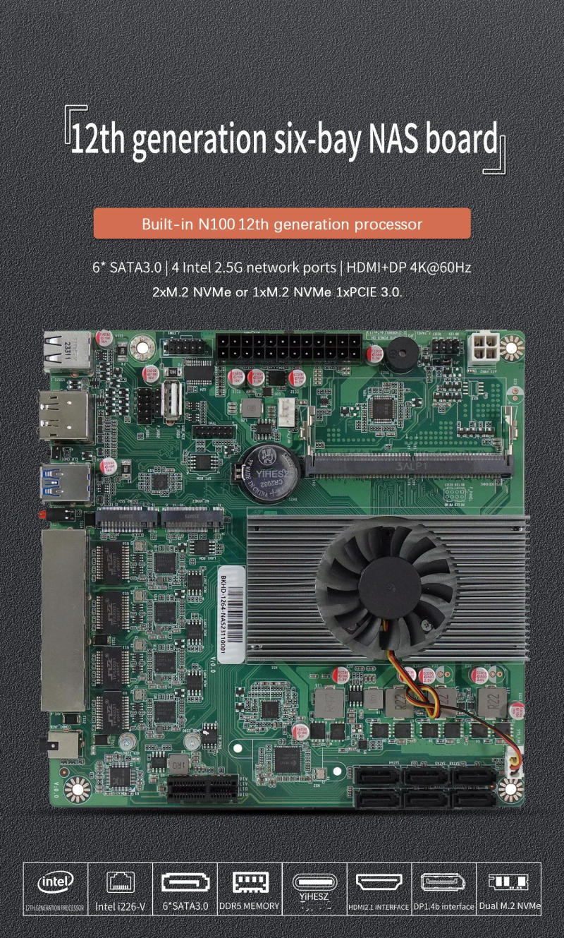 Description Picture 3 of itemDIY NAS N100 Motherboard 4X Intel I226 2.5G 6* SATA3.0 Mini ITX DDR5 17x17CM 2* M.2 1XPCIE For Soft Router NAS Storage Server