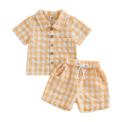 Toddler Boys 2PCS Shorts Sets Short Sleeve Plaid Shirt and Drawstring Shorts Sets Summer Clothes