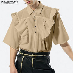 2024 Men's Shirt Lapel Short Sleeve Solid Color Ruffle Loose Casual Men Clothing Streetwear Summer Fashion Shirts S-2XL INCERUN