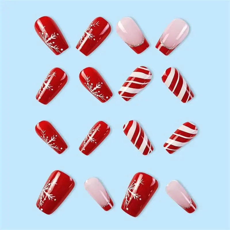 Description Picture 5 of item24pcs Glossy Short Ballet Fake Nails Festival Red Press On Nails With White Snowflake Stripe Design Glitter French False Nails *